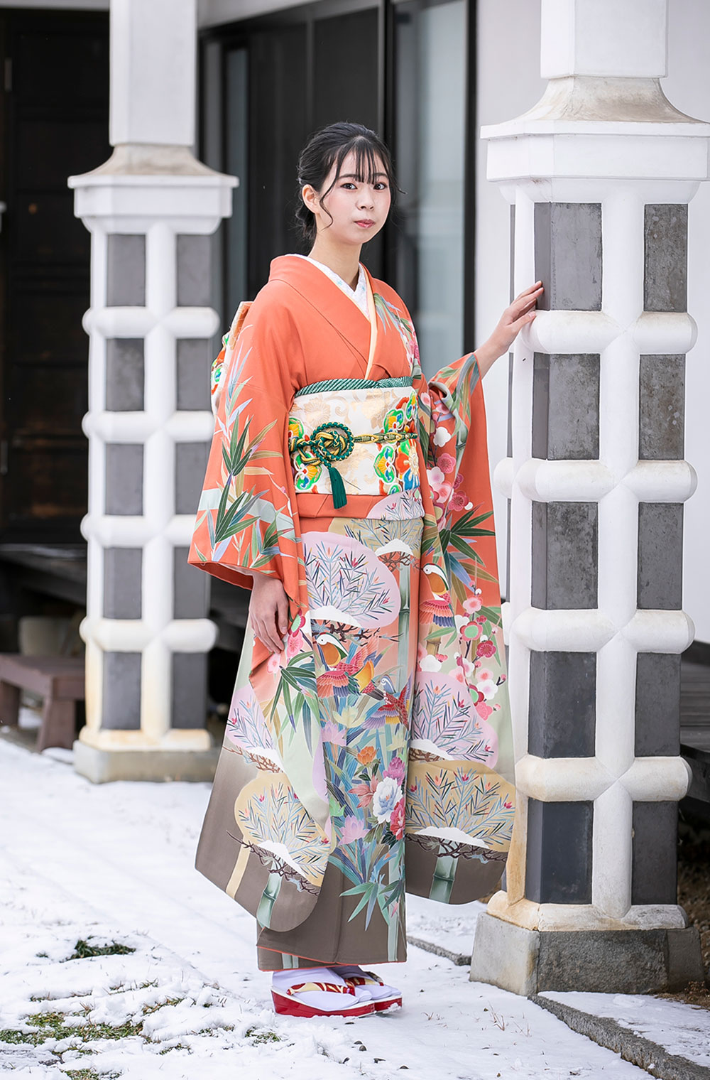 加賀友禅作家田村哲彦作鉛丹色振袖