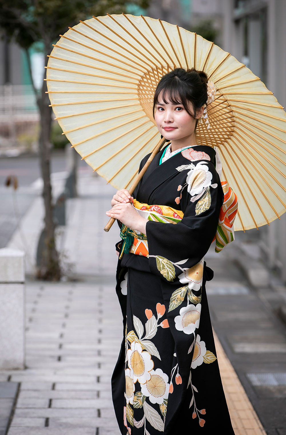 黒三越縮緬京友禅しだれ桜振袖